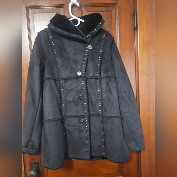 NWT Dennis Basso Patchwork Faux Suede Shearling Faux Fur Coat - Picture 3 of 12